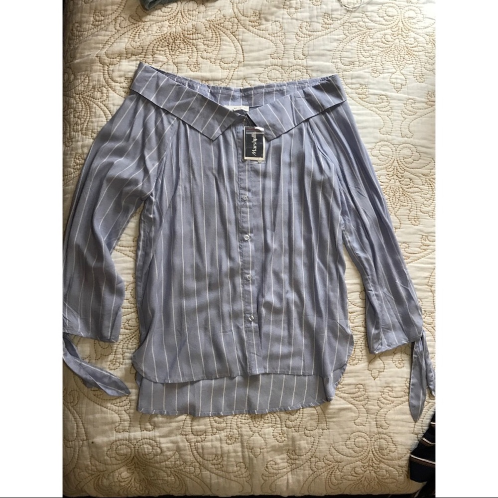 Light blue white striped long off shoulder top